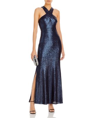 aqua belted sequin gown