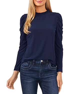 Cece Puff Long Sleeve Crepe Top In Navy
