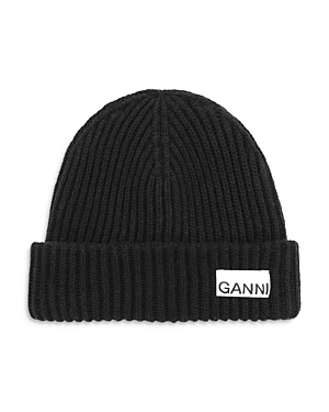 Ganni Womens Black Logo-patch Wool-blend Beanie Hat