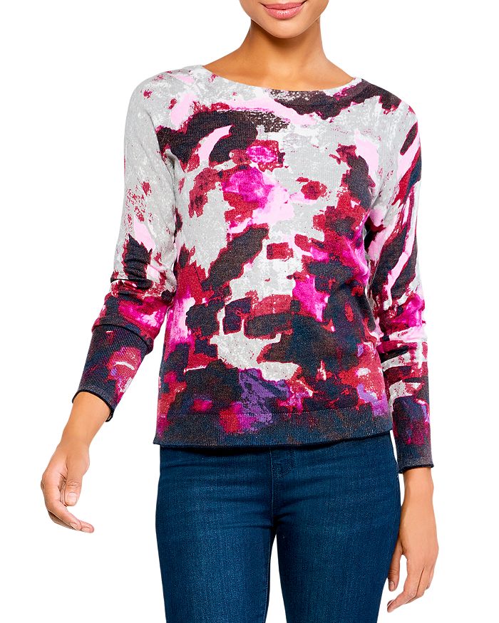 NIC+ZOE Women's Winterberry Sweater - Metallic Yarn Knit, V-Neck, Chiffon Lined Back, 25.5" Length