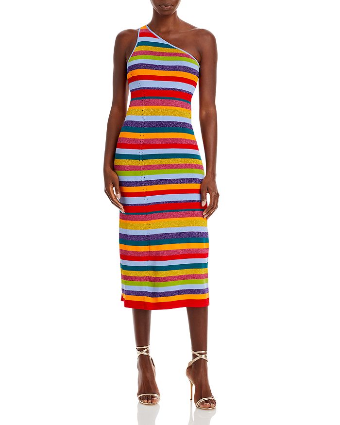 MILLY Multi Stripe One Shoulder Knit Midi Dress | Bloomingdale's