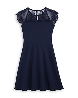 Us Angels Girls' Cap Sleeve Skater Dress With Lace Illusion Neckline - Big Kid In Navy