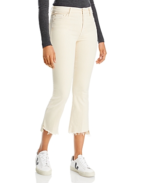 MOTHER THE INSIDER HIGH RISE CROP STEP FRAY BOOTCUT JEANS IN CHALK IVORY