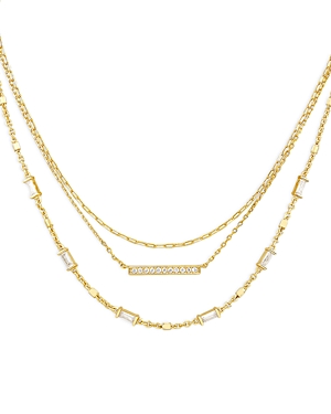 Addison Pave Bar & Baguette Cubic Zirconia Layered Necklace in 14K Gold Plated, 16-18