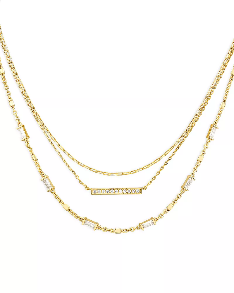 Kendra Scott Addison Pave Bar & Baguette Cubic Zirconia Layered Necklace in 14K Gold Plated, 16