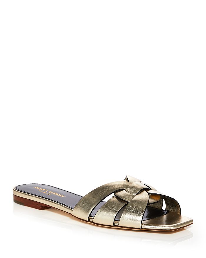 Saint Laurent Tribute Nu Pieds Metallic-leather Slides In Platino