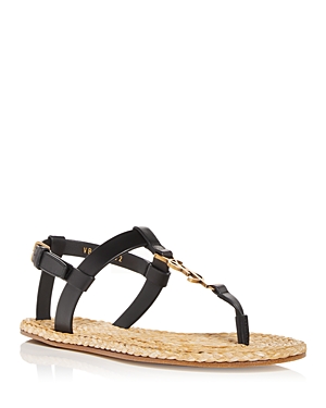 Saint Laurent Logo Plaque Black Cassandra Flat Sandals In Nero