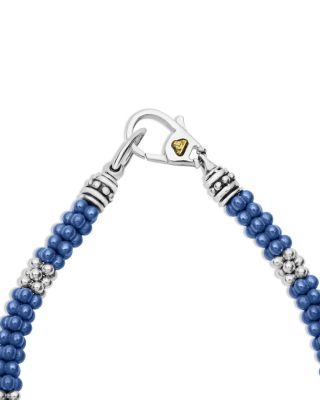 18K Yellow Gold & Sterling Silver Blue Ceramic Caviar Bead Statement Bracelet