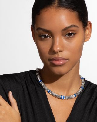 18K Yellow Gold & Sterling Silver Diamond & Blue Ceramic Rondelle & Bead Statement Necklace, 16"