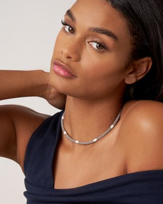 18K Yellow Gold & Sterling Silver White Ceramic Rondelle & Bead Collar Necklace, 16"