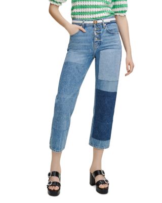 Maje Patchou Patchwork Cropped Denim Jeans In Blue