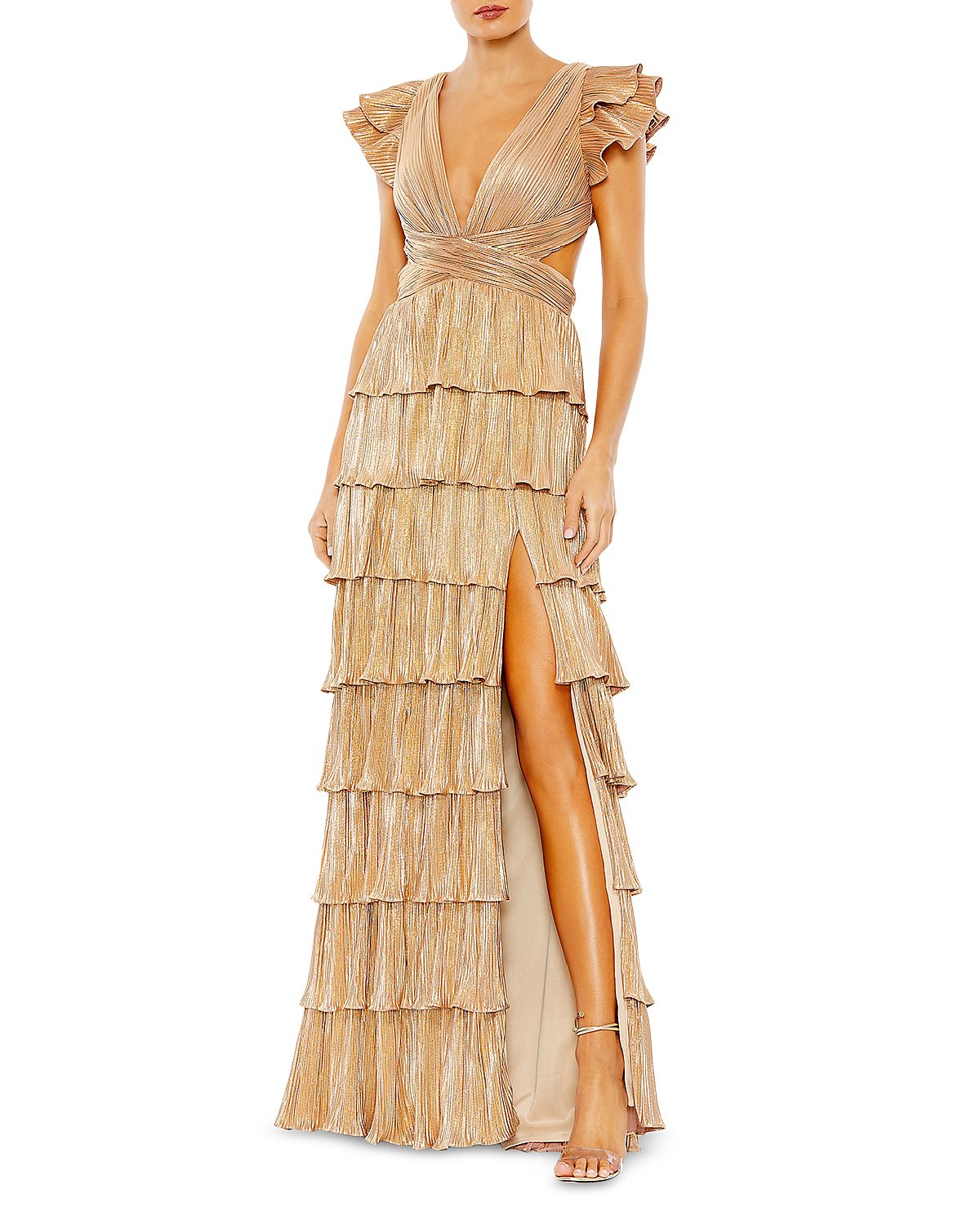 Mac Duggal Ruffle Tiered Criss Cross Lace Up Gown