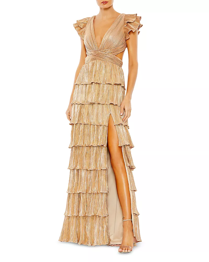 Mac Duggal Ruffle Tiered Criss Cross Lace Up Gown