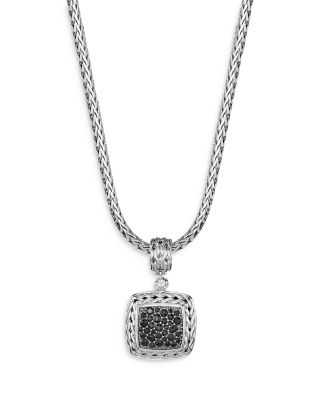 Sterling Silver Classic Chain Medium Square Pendant with Black Sapphire
