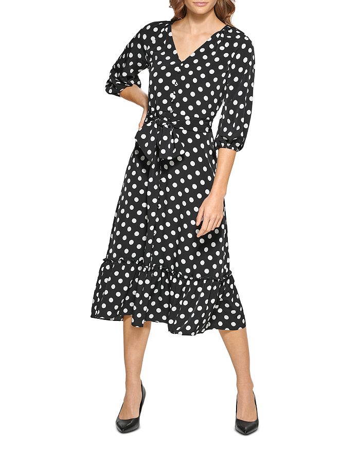 KARL LAGERFELD PARIS Polka Dot Crepe Midi Dress | Bloomingdale's