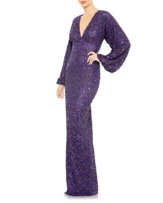 Sequined Puff Sleeve V Neck Gown