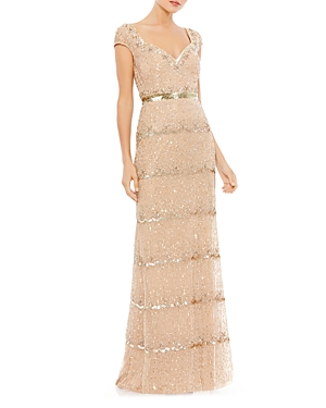 Shop Mac Duggal Cap Sleeve Embellished Column Gown In Nude