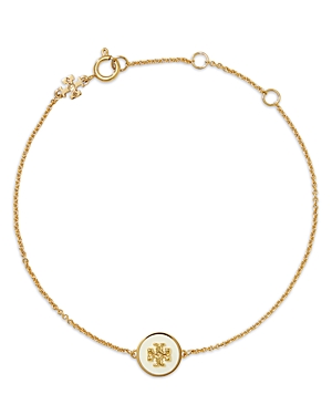 Shop Tory Burch Kira Logo Colored Disc Link Bracelet In Ivory/gold