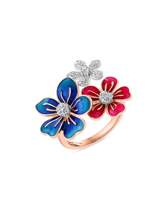 Bloomingdale's - Diamond Flower Ring in 14K Rose Gold Red & Blue Enamel - 100% Exclusive