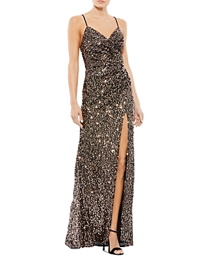 Mac Duggal Ieena Sequined Wrap Gown In Bronze