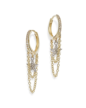 14K Yellow and White Gold Pave Diamond Star Hoop Earrings