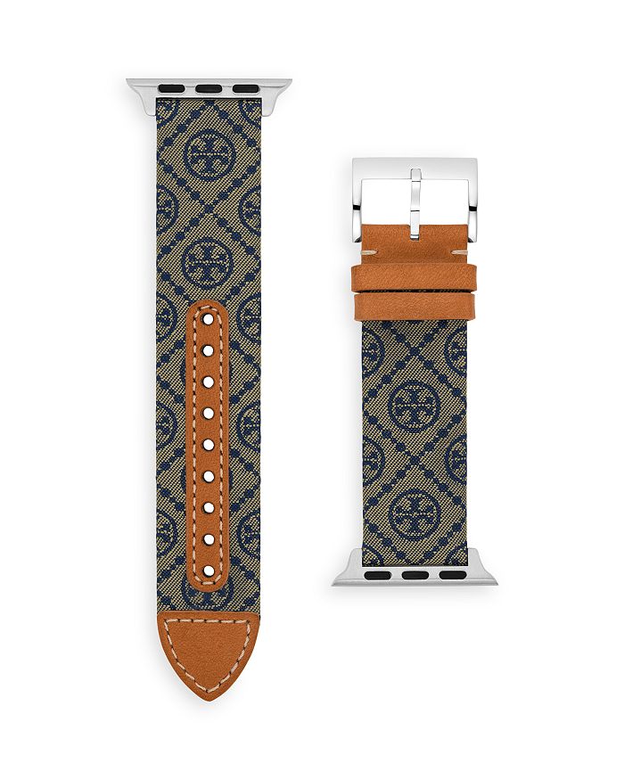 Tory Burch Apple Watch® T Monogram Blue Fabric & Luggage Leather Strap, 38mm/40mm  | Bloomingdale's