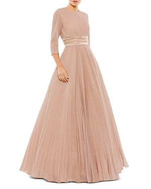 Mac Duggal Shimmering Pleated A-line Gown In Rose Gold