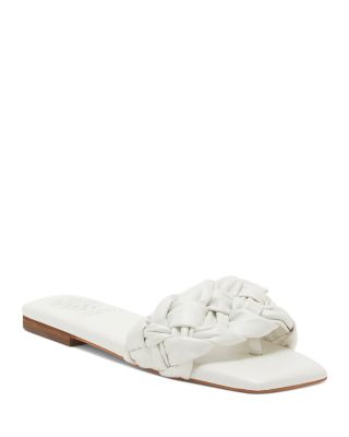 white leather slip on sandals