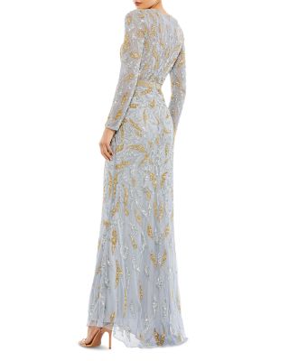  Beaded Long Sleeve Evening Gown
