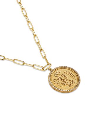 14K Yellow Gold Diamond Coin Charm Necklace, 16"