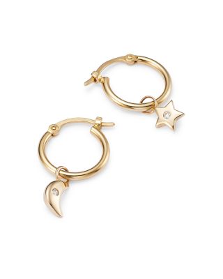 Diamond Star & Moon Dangle Hoop Earrings in 14K Yellow Gold, 0.02 tcw 