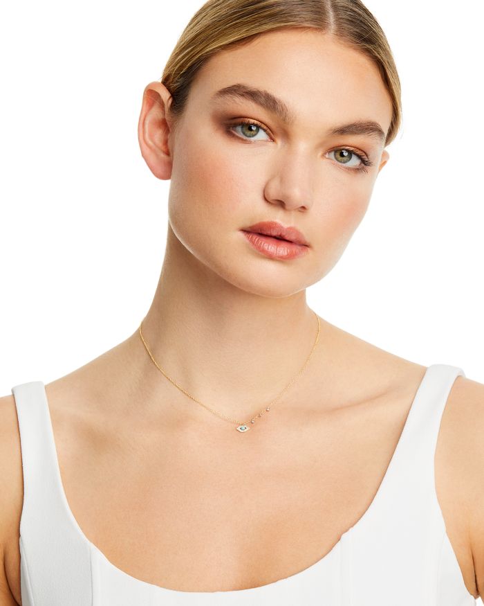 14K Yellow Gold & 14K White Gold Diamond & Turquoise Evil Eye Adjustable Pendant Necklace, 18"