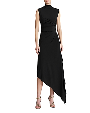 Shop Halston Layla Asymmetric Midi Dress In Jet Black