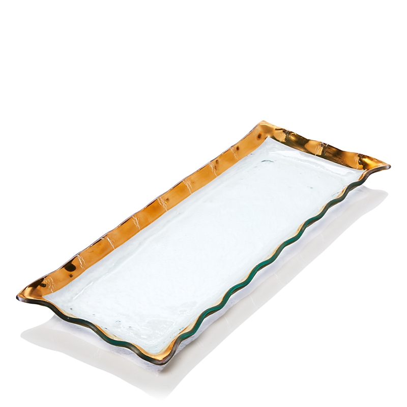 Annieglass Ruffle Rectangular Dish, 17.5 X 6.5 In Clear Glass/gold Trim