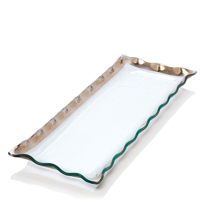 Annieglass Ruffle Rectangular Dish, 17.5 X 6.5 In Clear Glass/platinum Trim