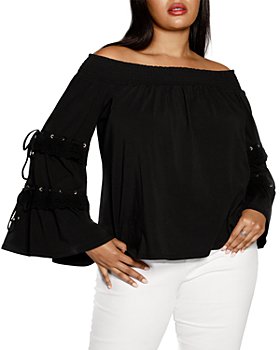 Belldini Plus - Ruffled Off the Shoulder Long Sleeve Top