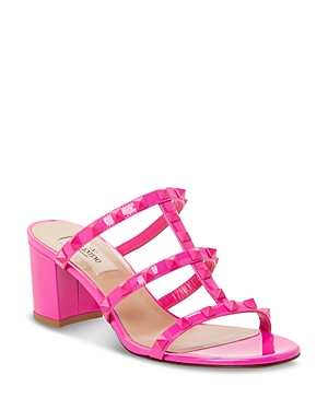 Valentino Women's Studded Strappy Mid Heel Slide Sandals In Disco Pink Patent