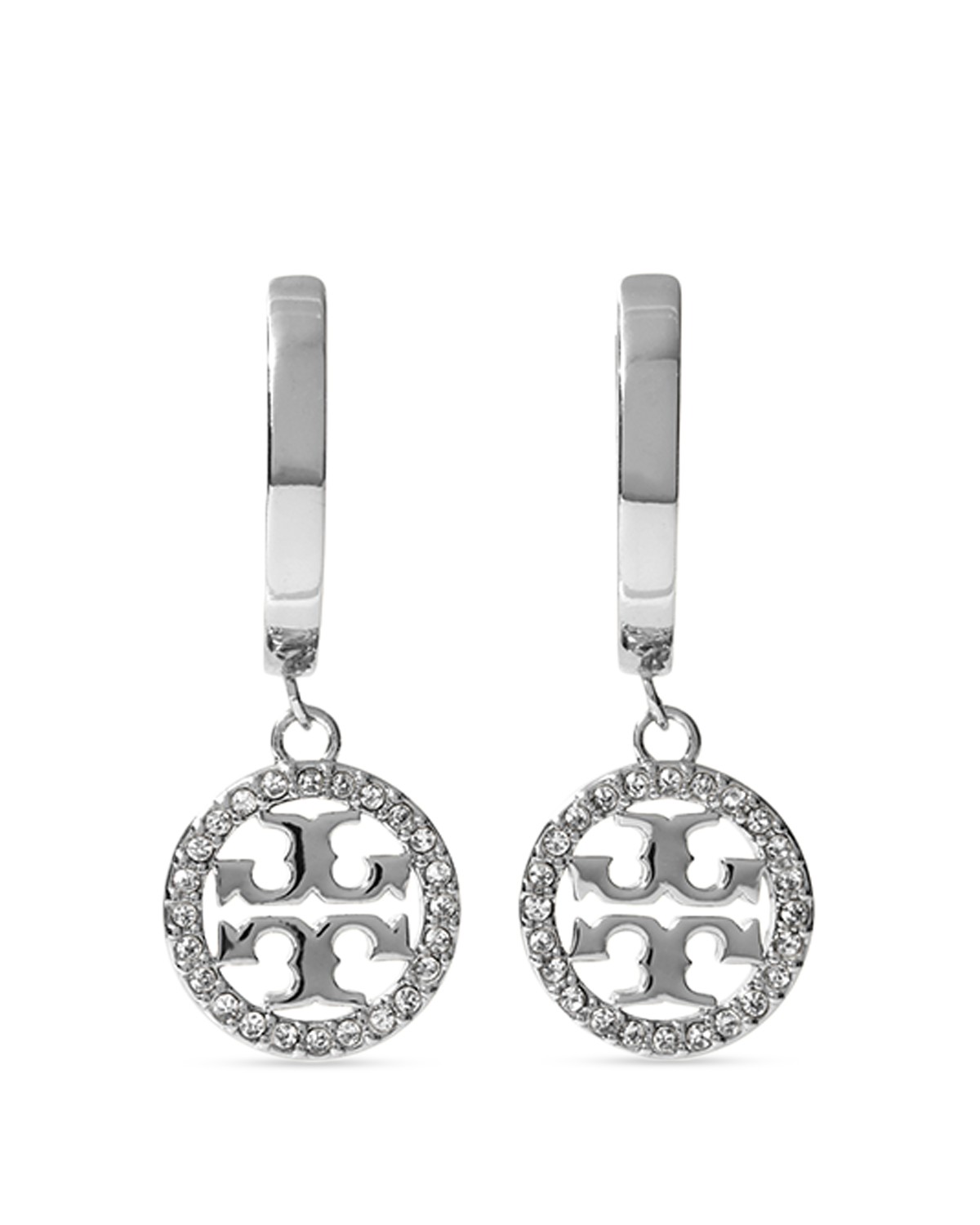 Tory Burch Miller Pave Crystal Hoop Earrings in Clear/Silver