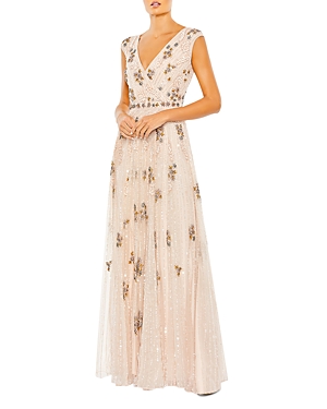 Mac Duggal Beaded Cap Sleeve V-neck Gown In Blush