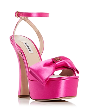 MIU MIU WOMEN'S BOW BLOCK HEEL PLATFORM SANDALS