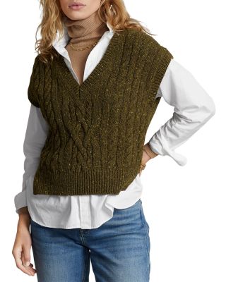 Polo Ralph Lauren Women's Aran Cabled Sweater Vest - Olive Donegal - Size Large