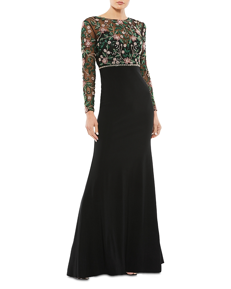 Mac Duggal Womens Embellished Floral Evening Dress In Black
