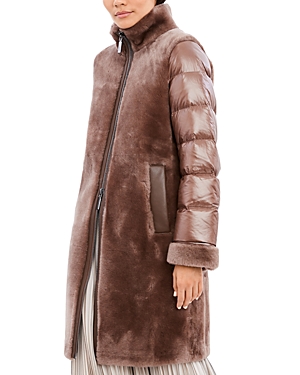 Shop Dawn Levy Monique Shearling Mixed Media Quilted Sleeve Coat In Bronze