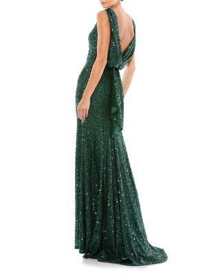 Cowl Back Boat Neck Sequined Evening Gown