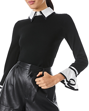 Alice And Olivia Justina Woven Combo Long-sleeve Pullover In Black Combo