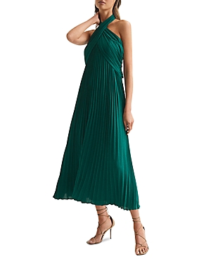 Reiss Roya Pleated Halter Dress In Green