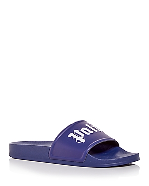 Palm Angels Pool Logo Rubber Slide Sandals In Blue/white