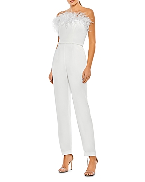 Mac Duggal Feather Trim Strapless Jumpsuit In White