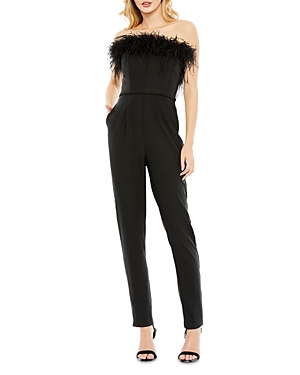 Mac Duggal Feather Trim Strapless Jumpsuit In Black