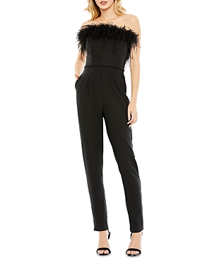 MAC DUGGAL FEATHER TRIM STRAPLESS JUMPSUIT